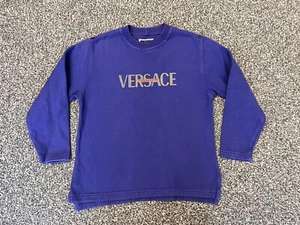 Vintage 80s Young Versace Blue Sweatshirt Jumper Age 8 Logo Cotton Crew Neck - Picture 1 of 4