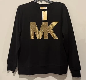 NWT Michael Kors Women's Black Gold Sequin MK Logo Sweater Top Size M $110 - Picture 1 of 2