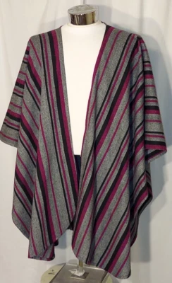 Texas Body Hangings Gray Stripped Wool Wrap Shawl Cape Poncho One Size Fits All - Image 1 of 4