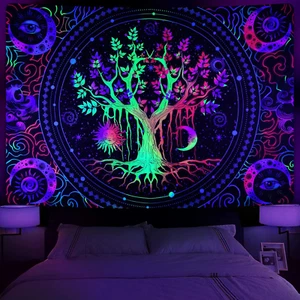 Blacklight Tree of Life Tapestry Trippy Sun and Moon Tapestry UV Reactive Galaxy - Picture 1 of 7