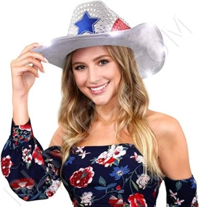 4 de julio Rojo Blanco Azul Iluminado LED Intermitente Sombrero de Vaquero - Imagen 1 de 6