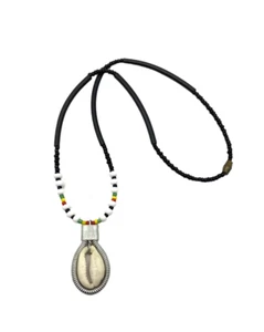 African Cowrie Shell Beaded Choker Pendant Necklace 15” Ethnic Red Green Black - Picture 1 of 24