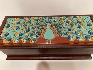 Handbemalte Keramikfliese Pfau Schmuckschatulle - Holzschatulle - Bild 1 von 12