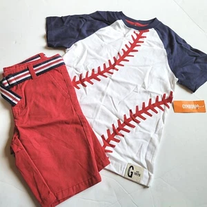Gymboree Boys 8 "All Star Champ Baseball Tee Red Denim Shorts Set NWT Belt - Picture 1 of 2