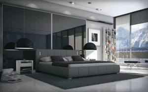 Doppelbett Luna 140x200 Designerbett Polsterbett Ehebett Kunstleder Grau LED - Bild 1 von 3