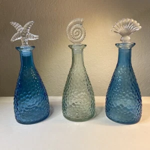 3 Decorative Hammered Colored Glass Bottles with Stoppers Green Blue Beach 7.5” - Picture 1 of 8