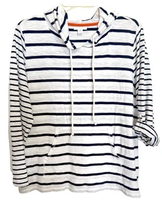J. Jill Striped Hoodie Top Roll Tab Sleeve Lightweight Casual Pocket sz L Petite - Picture 1 of 13