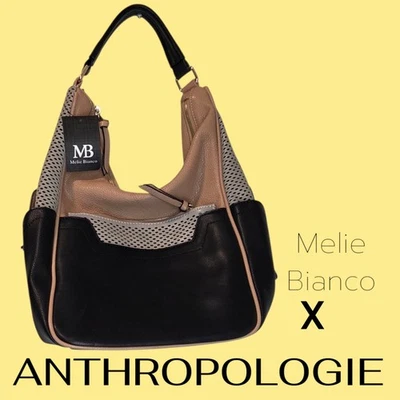 🆕Melie Bianco Cuero Vegano Hobo de Hombro Beige Tostado Negro Bolsa Cartera Juego de 2 Piezas Foto 1 de 4