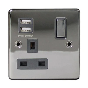 Single Socket With 2 USB Black Nickel Plug 13A 1 Gang Stainless Steel Chrome - Picture 1 of 6