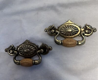 2 Vintage Brass Drawer Pulls With Wood Bead Center 4 5/8” Wide Dresser Cabinet - Image 1 of 4