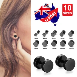 Pair Black Flat Round Barbell Plug Stud Earrings Stainless Steel Mens Gym 3-12MM - Picture 1 of 22