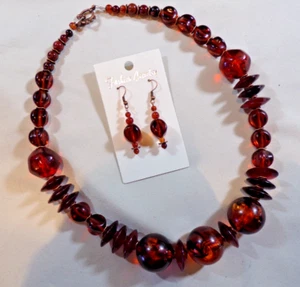 Faux Root Beer Amber Beads & African Horn Disc Necklace & Earrngs (2212) - Picture 1 of 4