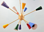 Spoutnik Laiton Clair 12 Bras Multicolore Conesshades 1950's Coiffage Lampes