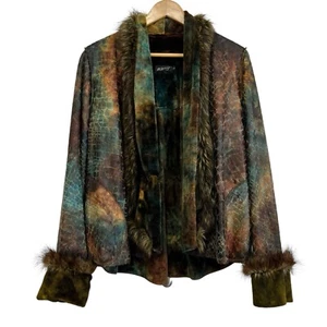 Lee Andersen Jacket Large Faux Fur Trim Dyed Animal Print Plush Lining Artsy - Picture 1 of 18