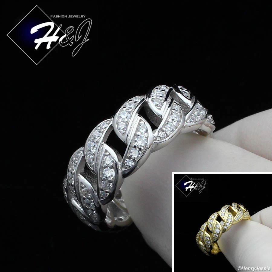 男式 925 纯银全 ICY BLING CZ 镀金/银色 Curb 链环 *128 — 第 1/1 张图片