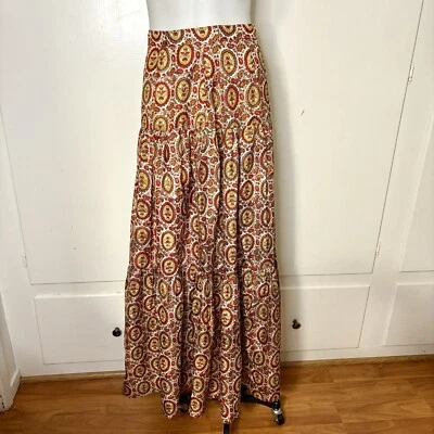 Maxi Falda Boho Vintage Hecha a Mano en Niveles Ligera Roja Amarilla Floral Paisley Foto 1 de 4