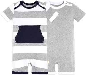 Burt's Bees Baby 2 Pack Boys Short Sleeve Rompers 6-9 Months - Blue Gray White - Picture 1 of 2