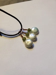 Jade And Freshwater Pearl Pendant Copper And Black Cord Adjustable Minimalist - Picture 1 of 3