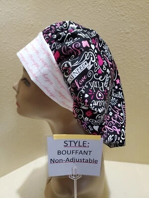 Breast Cancer Words (black) Women's Bouffant Surgical Scrub Hat/Cap Handmade - Image 1 of 4
