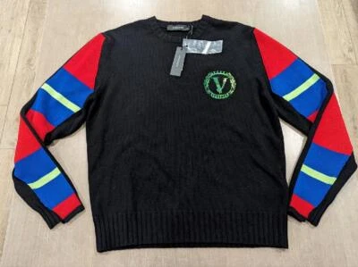 $1250 Mens Versace Logo Colorblock Sleeves Crew Neck Sweater Black 48 US Medium - Image 1 of 4