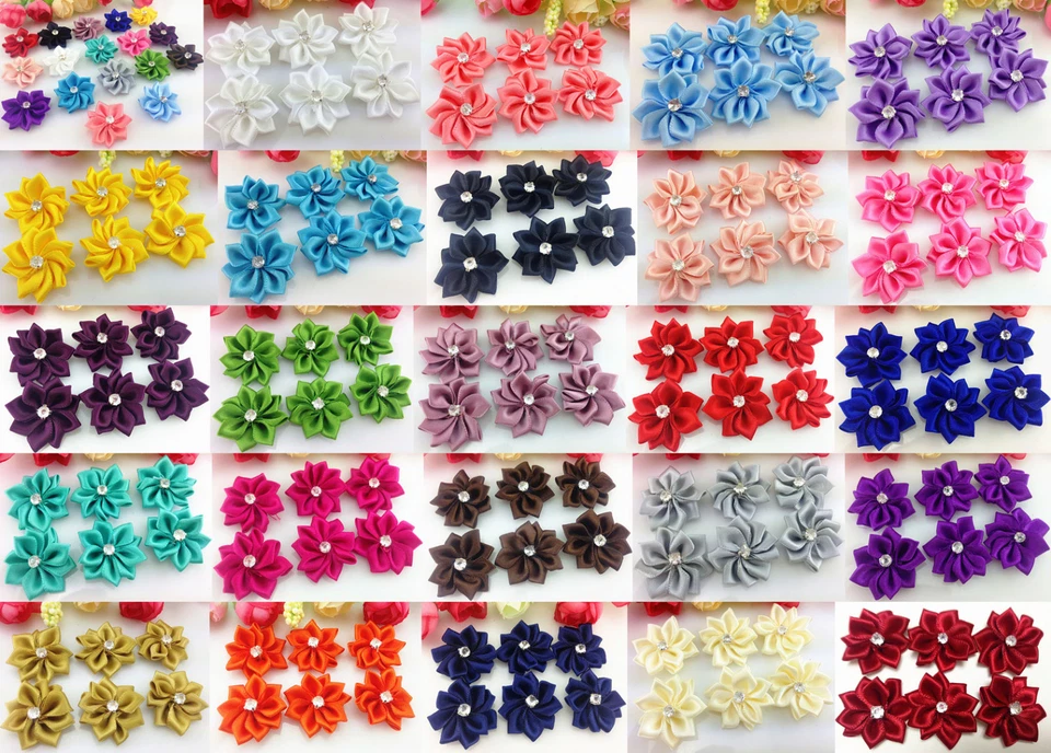 DIY 100PCS Satin Ribbon Flower with Crystal Bead Appliques~wedding/Craft/Trim - Image 1 of 1