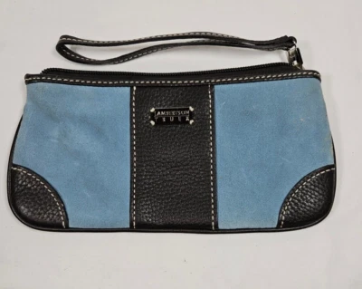 LAMBERTSON TRUEX Wristlet Wallet Blue Seude Brown Leather Bloomingdales ELLE - Image 1 of 4