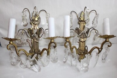Ancienne paire d'appliques girandoles en bronze et pampilles cristal époque 1900 - Photo 1/4