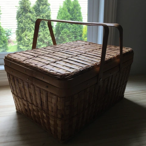 Vintage Bamboo Picnic Basket w/ Lid & Handles for Country House Decoration 16"L Cover