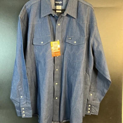 Vtg Wrangler Blue Denim Shirt Mens XXL/X-Long Western Pearl Snap Cowboy Rodeo - Image 1 of 4