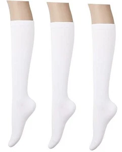  Women's Cotton Knee High Socks - Casual Solid & Medium Solid White - 3 Pairs - Picture 1 of 8