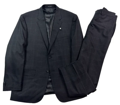 全新 Kenneth Cole 44R 34x30 2 件套 裤子套装 黑色 木炭 格子 羊毛 弹性 — 第 1/4 张图片