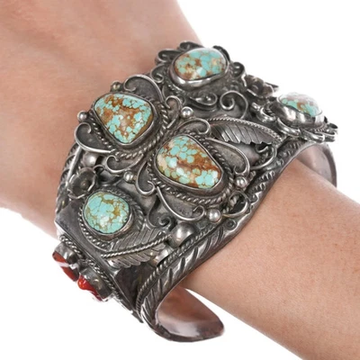 7.5" Delores Paul Yazzie (1935-2024) Navajo silver #8 Turquoise coral cuff brac - Image 1 of 4