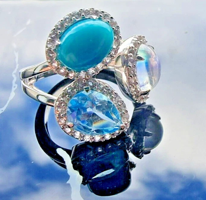 ANILLO KHR PLATA ESTERLINA 925 TOPACIO AZUL TURQUESA Y PIEDRA LUNAR TALLA 5.5 Foto 1 de 4