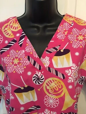 Small UA Scrubs Top Pink French Horn Drum Candy Cane Snowflake Christmas Used - Image 1 of 4