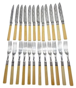 Antiker JB&S Silber Teller 24 Teile Fischgabeln & Messer geätzt Set - Bild 1 von 5
