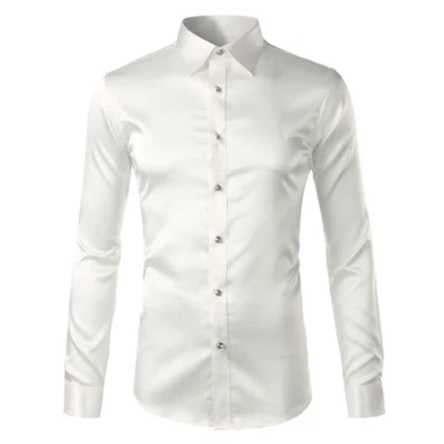 Shirt Men Satin Smooth Men Tuxedo Shirt Business Homme Casual Slim Fit Shirts - Image 1 of 4