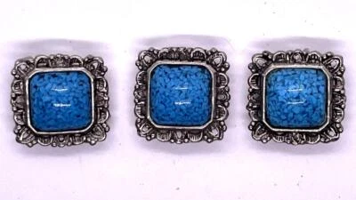 Vintage Silver & Turquoise Square Button Cover Clips - Image 1 of 4
