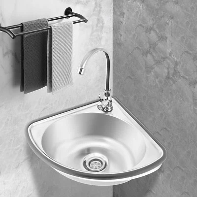 Single Triangle Wash Basin Corner Sink Small Bar Sink w/ Faucet Stainless Steel - Image 1 of 4