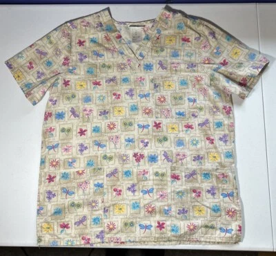 SB Scrub Women’s Multicolor Medical Uniform Sz M Flowers & Dragonflies Pockets - Image 1 of 4