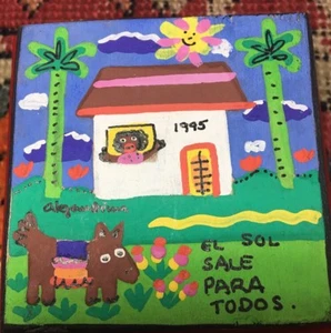 Tiny 3x3" folk art painting Cuba; signed/dated 1995; charming EL SOL SALE PARA - Picture 1 of 5