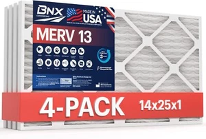 BNX 14X25x1 MERV 13 Furnace Air Filter, 4 Pack MADE IN USA HVAC AC Furnace - Picture 1 of 7