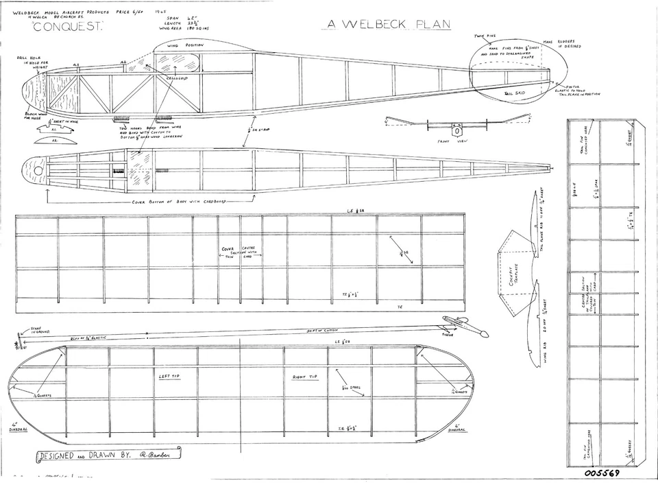 Welbeck models Conquest free flight glider vintage plan - Image 1 of 1