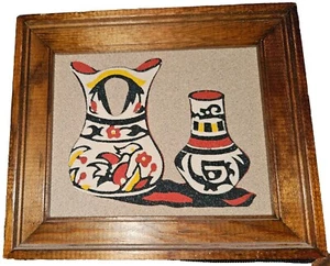 Vintage Navajo Framed Sand Art Rainbow Way of Glazed Pueblo Pottery 6" x 7" - Picture 1 of 2