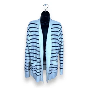 LARGE STACCATO BLUE WHITE STRIPED KNIT SWEATER LONG SLEEVE OPEN FRONT POCKETS - Picture 1 of 11