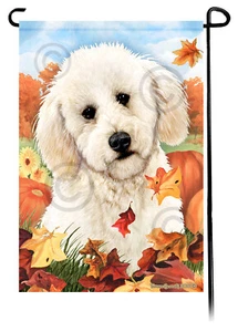 Falling Leaves Garden Flag - White Labradoodle - Picture 1 of 1