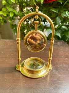 Vintage Nautical Table Clock With Bottom Compass Brass Finish Desk Clock Decor - Picture 1 of 5