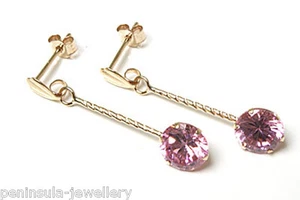 9ct Gold CZ Earrings Pink 6mm round Drop Made in UK Gift Boxed - Picture 1 of 4