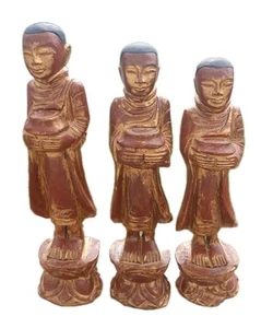 Estatuas de monje Budda figura dorada tallada a mano de madera vintage de Burmes Thi 16"-13" - Imagen 1 de 14