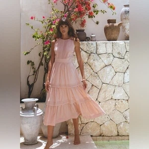 Pampelone Perle Midi Dress Womens Medium Beige Peachy Cotton Tiered Resort Beach - Picture 1 of 18