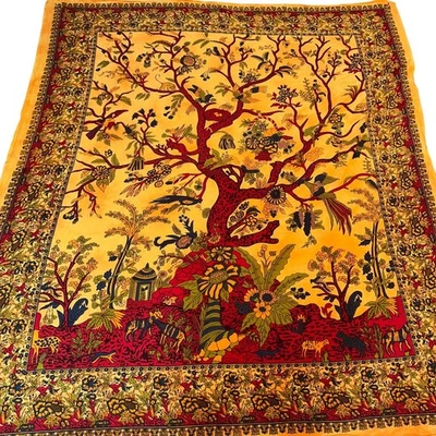 Tree of Life Tapestry Wall Hanging India Yellow Red Floral Animal Bed Spread - Image 1 of 4